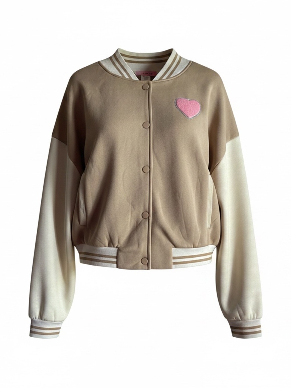 Paper Doll Size 3X Heart Patch Varsity Jacket - Beige & Cream